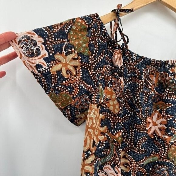 Madewell Navy Silk Cold Shoulder Sea Floral Boxy Flowy Tassel Cropped XS Blouse - Picture 4 of 10